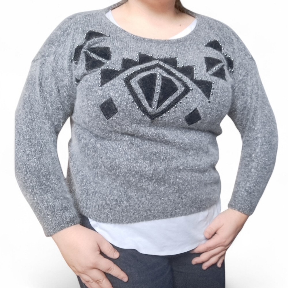 Vintage Private Party Grey Silk Blend Sweater | Geometric Beaded Neckline Large